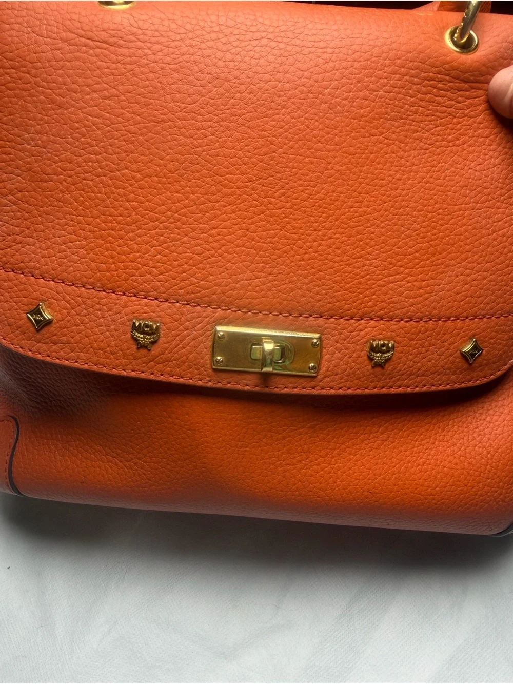 Structured Orange Leather Satchel with Top Handle and Crossbody Strap